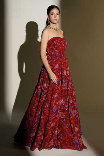 Kiyohra_Red Georgette Bandeau Neck Scarlet Print Corset With Lehenga _at_Aza_Fashions