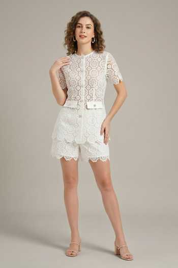 Buy_The Pretty Things by Priyanka B. Sahani_White Cotton, Lace Round Neck Embroidered Top And Shorts Set _at_Aza_Fashions