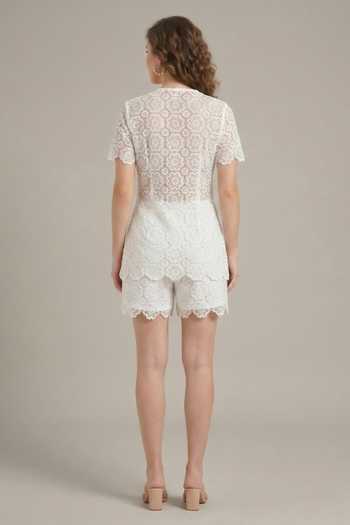 Shop_The Pretty Things by Priyanka B. Sahani_White Cotton, Lace Round Neck Embroidered Top And Shorts Set _at_Aza_Fashions