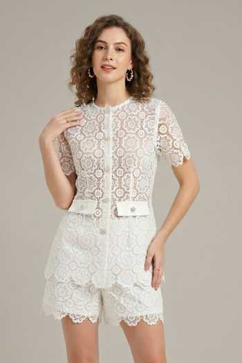 Shop_The Pretty Things by Priyanka B. Sahani_White Cotton, Lace Round Neck Embroidered Top And Shorts Set _Online_at_Aza_Fashions