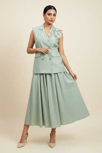 Buy_The Pretty Things by Priyanka B. Sahani_Mint Cotton Collared Hand Embroidered Waistcoat With Skirt _at_Aza_Fashions