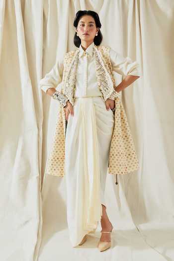 Buy_Aseem Kapoor_Gold Silk, Twill Collared Hina Printed Trench Coat Skirt Set _at_Aza_Fashions