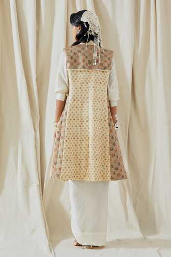Shop_Aseem Kapoor_Gold Silk, Twill Collared Hina Printed Trench Coat Skirt Set _at_Aza_Fashions