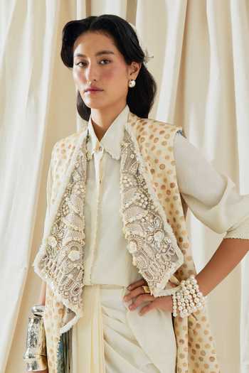 Buy_Aseem Kapoor_Gold Silk, Twill Collared Hina Printed Trench Coat Skirt Set _Online