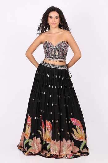 Buy_Soniya G_Black Georgette Bandeau Neck Floral Embroidered Lehenga And Blouse Set _at_Aza_Fashions