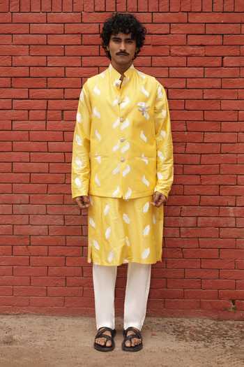 Shop_Dev Ki Raha_Yellow Silk, Tencel Embroidery Peeli Dhoop Bundi And Kurta Set _at_Aza_Fashions