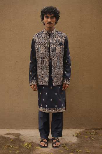 Buy_Dev Ki Raha_Blue Silk, Tencel Embroidery Baraati Bundi And Kurta Set _at_Aza_Fashions