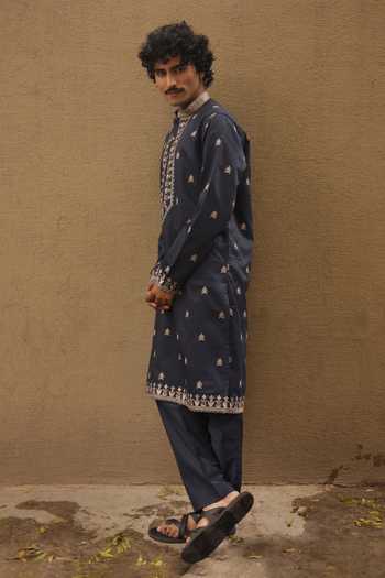 Shop_Dev Ki Raha_Blue Silk, Tencel Embroidery Baraati Bundi And Kurta Set _at_Aza_Fashions