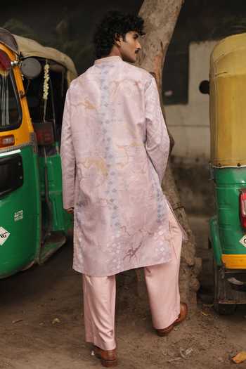 Shop_Dev Ki Raha_Pink Silk, Cotton Gulabi Safar Printed Kurta Set _at_Aza_Fashions