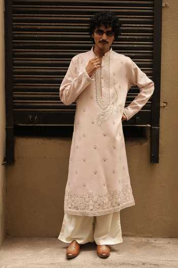 Buy_Dev Ki Raha_Pink Silk Auto Wala Embroidered Kurta Set _at_Aza_Fashions