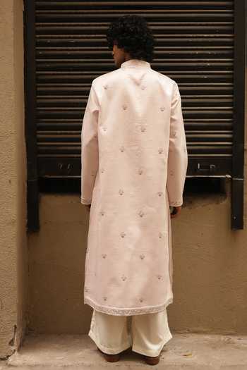 Shop_Dev Ki Raha_Pink Silk Auto Wala Embroidered Kurta Set _at_Aza_Fashions