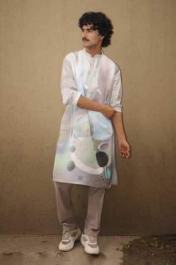 Shop_Dev Ki Raha_Multi Color Silk, Cotton Light Action Abstract Print Kurta Set _at_Aza_Fashions