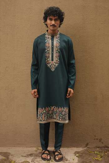 Shop_Dev Ki Raha_Green Silk Sherwala Embroidered Kurta Set _at_Aza_Fashions