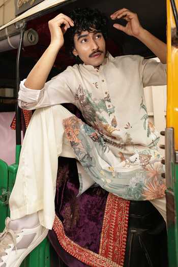 Dev Ki Raha_Multi Color Silk, Cotton Meter Full Cityscape Print Kurta Set _Online
