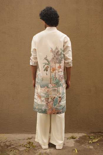 Dev Ki Raha_Multi Color Silk, Cotton Meter Full Cityscape Print Kurta Set _Online_at_Aza_Fashions