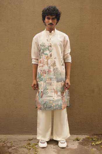 Buy_Dev Ki Raha_Multi Color Silk, Cotton Meter Full Cityscape Print Kurta Set _at_Aza_Fashions