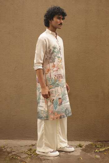 Shop_Dev Ki Raha_Multi Color Silk, Cotton Meter Full Cityscape Print Kurta Set _Online