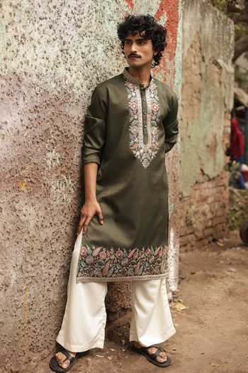 Buy_Dev Ki Raha_Olive Green Silk Signal Embroidered Kurta Set _at_Aza_Fashions