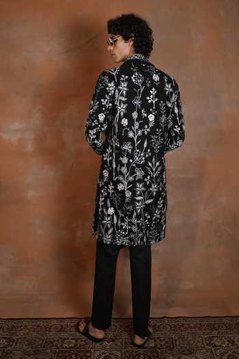 Shop_Dev Ki Raha_Black Georgette Maharaaz Embroidered Kurta Set With Stole _at_Aza_Fashions