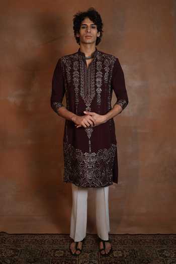 Buy_Dev Ki Raha_Wine Zardoziya Embroidered Kurta Pant Set _at_Aza_Fashions