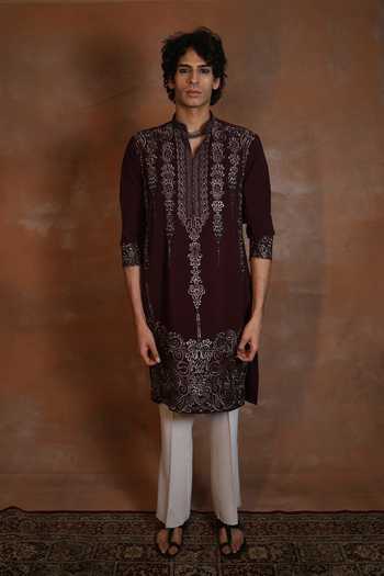 Shop_Dev Ki Raha_Wine Zardoziya Embroidered Kurta Pant Set _Online_at_Aza_Fashions