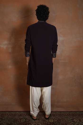 Shop_Dev Ki Raha_Wine Gulzar Embroidered Kurta And Salwar Set _at_Aza_Fashions