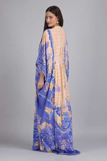 Shop_Mandira Wirk_Purple Viscose V-neck Denser Duo Floral Print Crepe Kaftan _at_Aza_Fashions