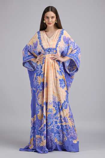 Buy_Mandira Wirk_Purple Viscose V-neck Denser Duo Floral Print Crepe Kaftan _at_Aza_Fashions