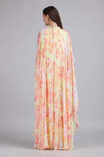 Shop_Mandira Wirk_Yellow Crepe, Viscose Split V-neck Placement Print Dress _at_Aza_Fashions