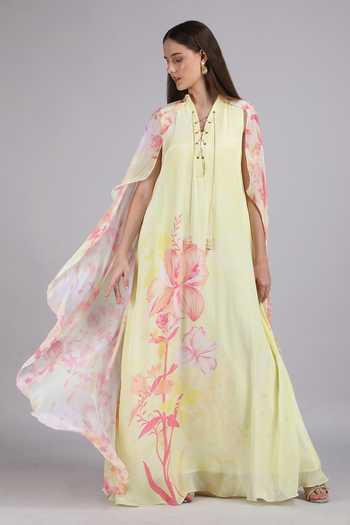 Buy_Mandira Wirk_Yellow Crepe, Viscose Split V-neck Placement Print Dress _at_Aza_Fashions