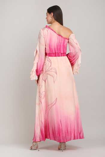 Shop_Mandira Wirk_Pink Viscose One Shoulder Doodle Dress _at_Aza_Fashions