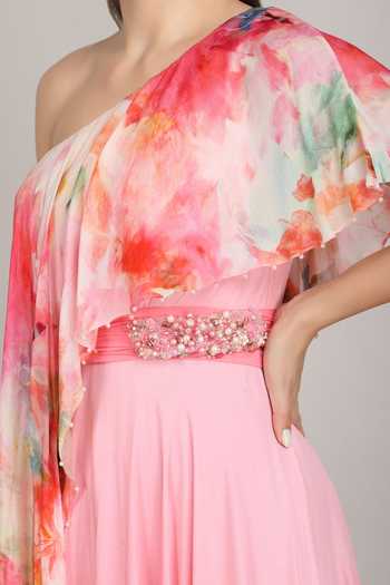 Mandira Wirk_Pink Crepe, Viscose One Shoulder Rose Ombre Dress _Online_at_Aza_Fashions
