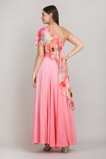 Shop_Mandira Wirk_Pink Crepe, Viscose One Shoulder Rose Ombre Dress _at_Aza_Fashions