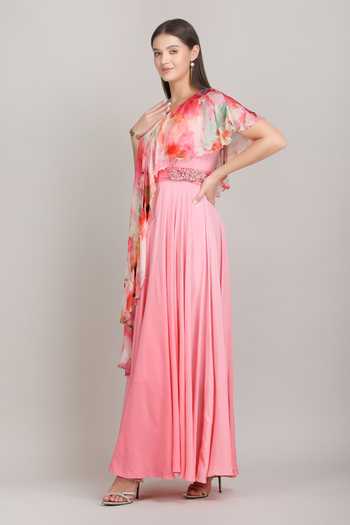 Buy_Mandira Wirk_Pink Crepe, Viscose One Shoulder Rose Ombre Dress _Online_at_Aza_Fashions