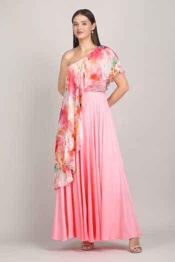 Buy_Mandira Wirk_Pink Crepe, Viscose One Shoulder Rose Ombre Dress _at_Aza_Fashions