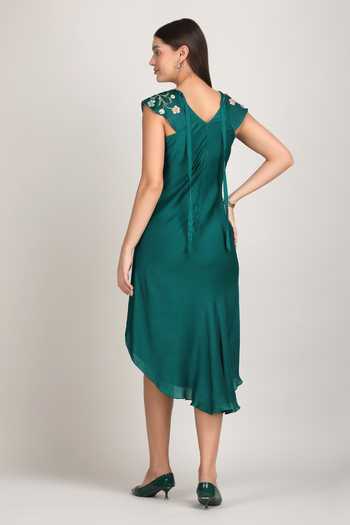 Shop_Mandira Wirk_Emerald Green Satin V-neck High-low Edit _at_Aza_Fashions