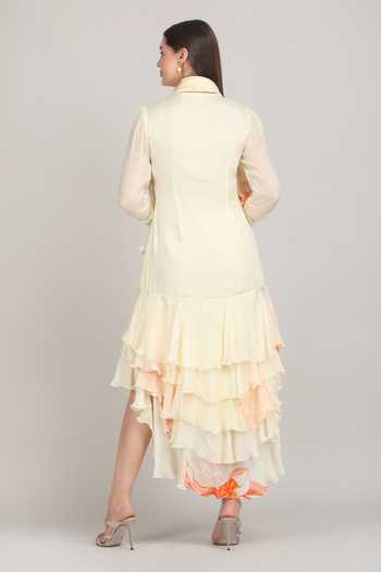 Shop_Mandira Wirk_Beige Chiffon, Viscose V-neck High Low Wrap Dress With Scarf _at_Aza_Fashions