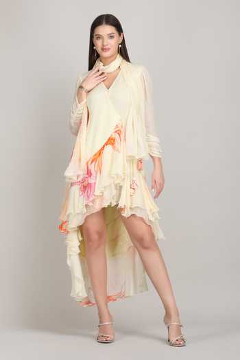 Buy_Mandira Wirk_Beige Chiffon, Viscose V-neck High Low Wrap Dress With Scarf _at_Aza_Fashions
