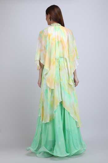Shop_Mandira Wirk_Yellow Chiffon, Viscose High Neck Pastel Cascade Layered Dress _at_Aza_Fashions