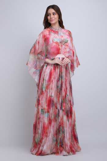 Buy_Mandira Wirk_Multi Color Chiffon High Neck Marble Muse Heatpleated Dress _Online_at_Aza_Fashions