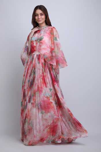 Shop_Mandira Wirk_Multi Color Chiffon High Neck Marble Muse Heatpleated Dress _Online_at_Aza_Fashions