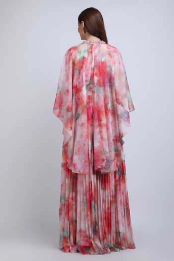 Shop_Mandira Wirk_Multi Color Chiffon High Neck Marble Muse Heatpleated Dress _at_Aza_Fashions