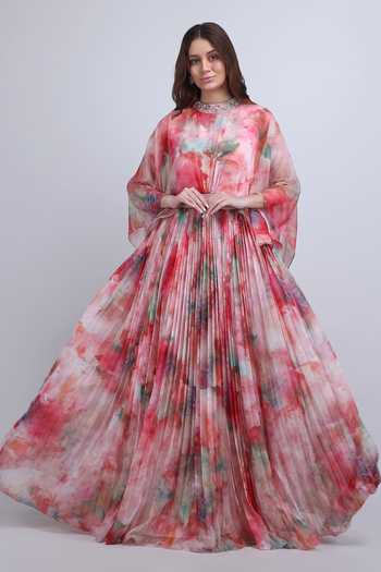 Mandira Wirk_Multi Color Chiffon High Neck Marble Muse Heatpleated Dress _at_Aza_Fashions