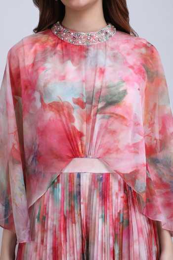 Buy_Mandira Wirk_Multi Color Chiffon High Neck Marble Muse Heatpleated Dress 