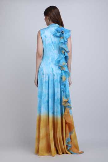 Shop_Mandira Wirk_Blue Satin, Lycra High Neck Aqua Ombre Ruffle Panelled Dress _at_Aza_Fashions