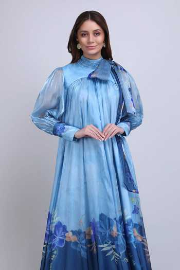 Mandira Wirk_Blue Organza High Neck Midnight Ombre Dress _Online_at_Aza_Fashions