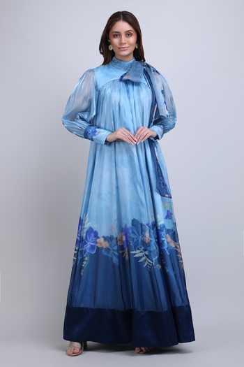Buy_Mandira Wirk_Blue Organza High Neck Midnight Ombre Dress _at_Aza_Fashions