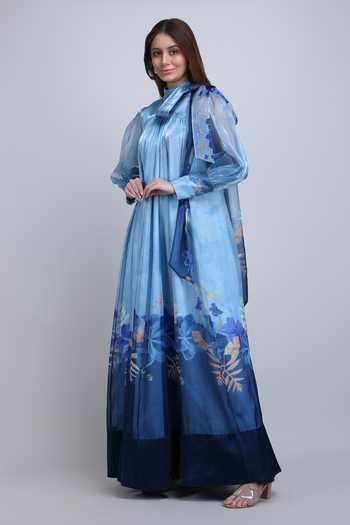 Buy_Mandira Wirk_Blue Organza High Neck Midnight Ombre Dress _Online_at_Aza_Fashions