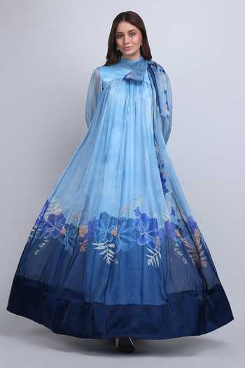 Mandira Wirk_Blue Organza High Neck Midnight Ombre Dress _at_Aza_Fashions