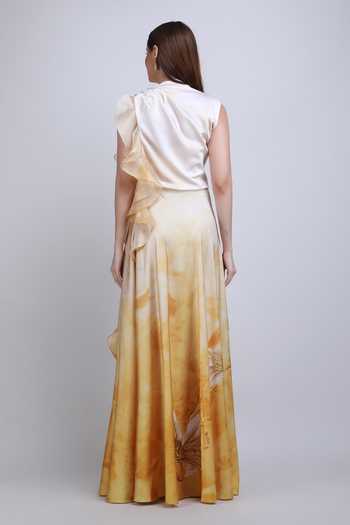 Shop_Mandira Wirk_Yellow Satin High Neck Ochre Sculpt Ruffle Dress _at_Aza_Fashions